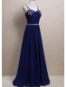 Beaded Double Straps Royal Blue Chiffon Long Evening Dress